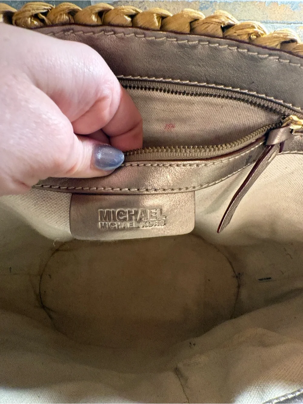 Michael Kors Woven Straw Tote Bag with Taupe Leather Trim